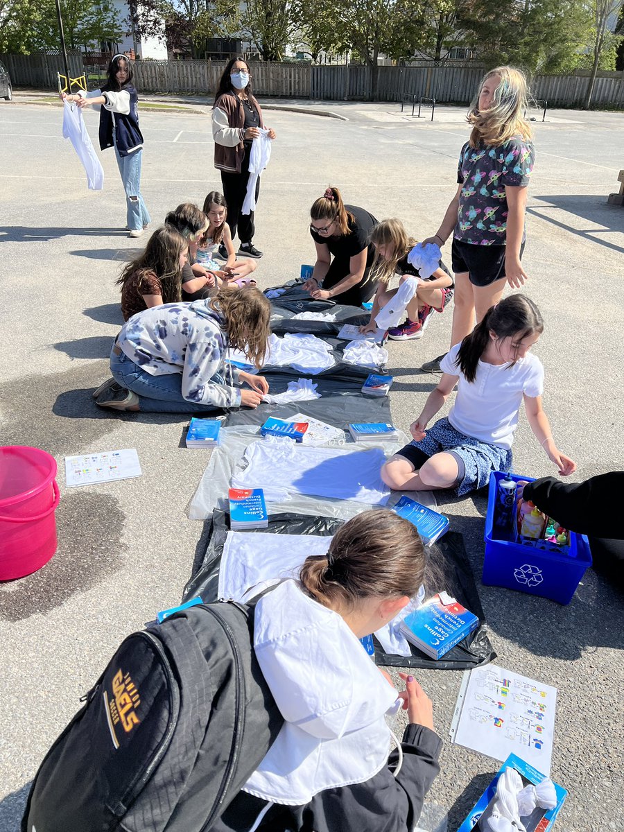 madamegraymason's tweet photo. I am so grateful for my amazing dedicated GSA crew! Today we tie dyed our first batch of Pride shirts that we are making for @CatWoodsES_LDSB @LimestoneDSB #teachpride https://t.co/CTwUaNrzPZ