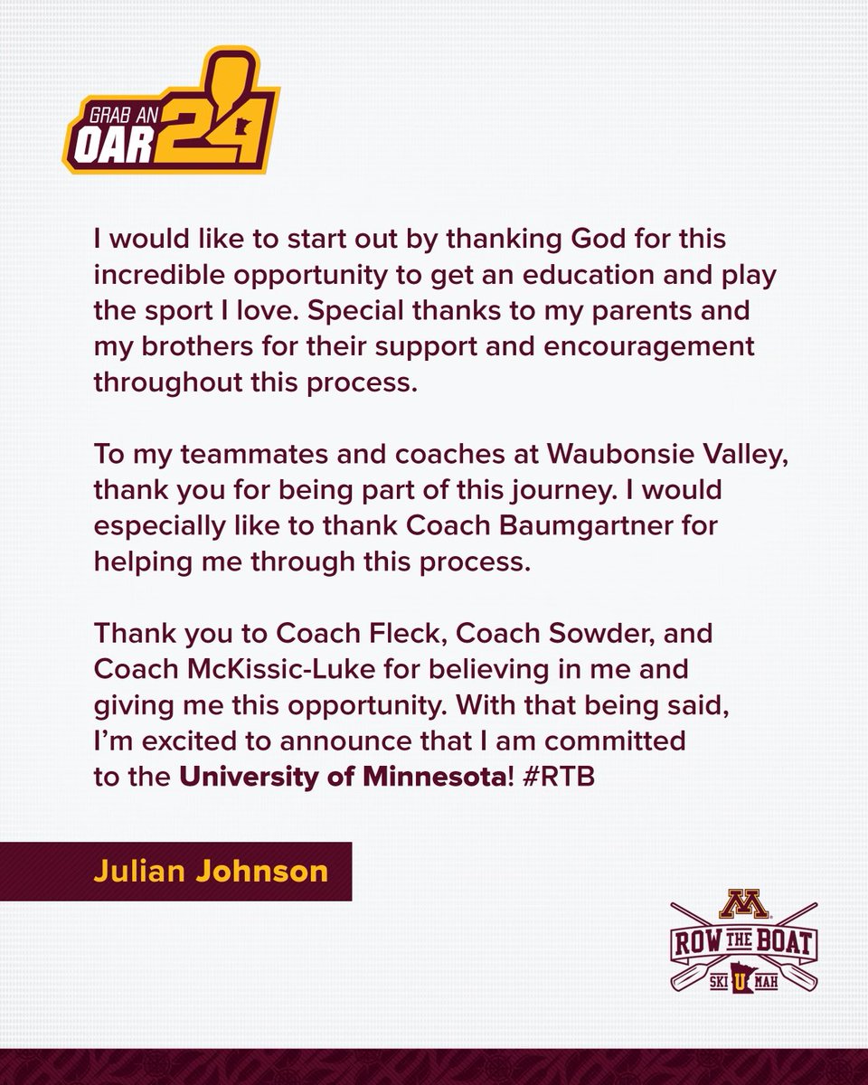 julianrjohnson (@julianrjohnson) on Twitter photo COMMITTED!!! <a href="/GopherFootball/">Minnesota Football</a> <a href="/Coach_Fleck/">P.J. Fleck</a> @CoachAndySowder <a href="/FOOTBALLWVHS/">Waubonsie Valley Football</a> <a href="/athleticswvhs/">Waubonsie Athletics</a> <a href="/AllenTrieu/">Allen Trieu</a> <a href="/EDGYTIM/">Timothy “EDGYTIM” OHalloran</a> <a href="/DeepDishFB/">DEEP DISH FOOTBALL</a> <a href="/PrepRedzoneIL/">Prep Redzone Illinois</a> <a href="/lemminginsider/">Matt Lemming</a> @Rivals_Clint COMMITTED!!! <a href="/GopherFootball/">Minnesota Football</a> <a href="/Coach_Fleck/">P.J. Fleck</a> @CoachAndySowder <a href="/FOOTBALLWVHS/">Waubonsie Valley Football</a> <a href="/athleticswvhs/">Waubonsie Athletics</a> <a href="/AllenTrieu/">Allen Trieu</a> <a href="/EDGYTIM/">Timothy “EDGYTIM” OHalloran</a> <a href="/DeepDishFB/">DEEP DISH FOOTBALL</a> <a href="/PrepRedzoneIL/">Prep Redzone Illinois</a> <a href="/lemminginsider/">Matt Lemming</a> @Rivals_Clint