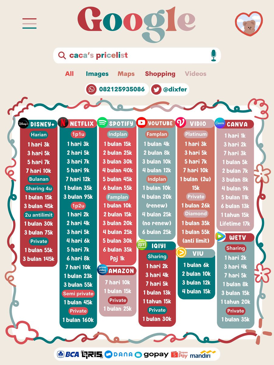 facwia's tweet image. Halo kak, lagi cari app prem? Sini mampir dulu liat pricelistnya kak @dixfer
 
🥨 Murah
🥨 Fast respon
🥨 Trusted 
🥨 Langsung proses

Mau order?  💌 @dixfer atau bisa wa ke wa.me/+6282125935086