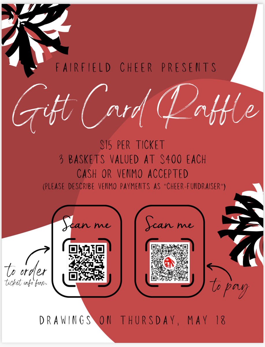 Help support our program as we work to get mats! Use the QR codes below to enter to win one of our gift card baskets valued at over $400 each. Tickets are $15.00 and can be paid using cash or Venmo. Drawing on Thursday, May 18th