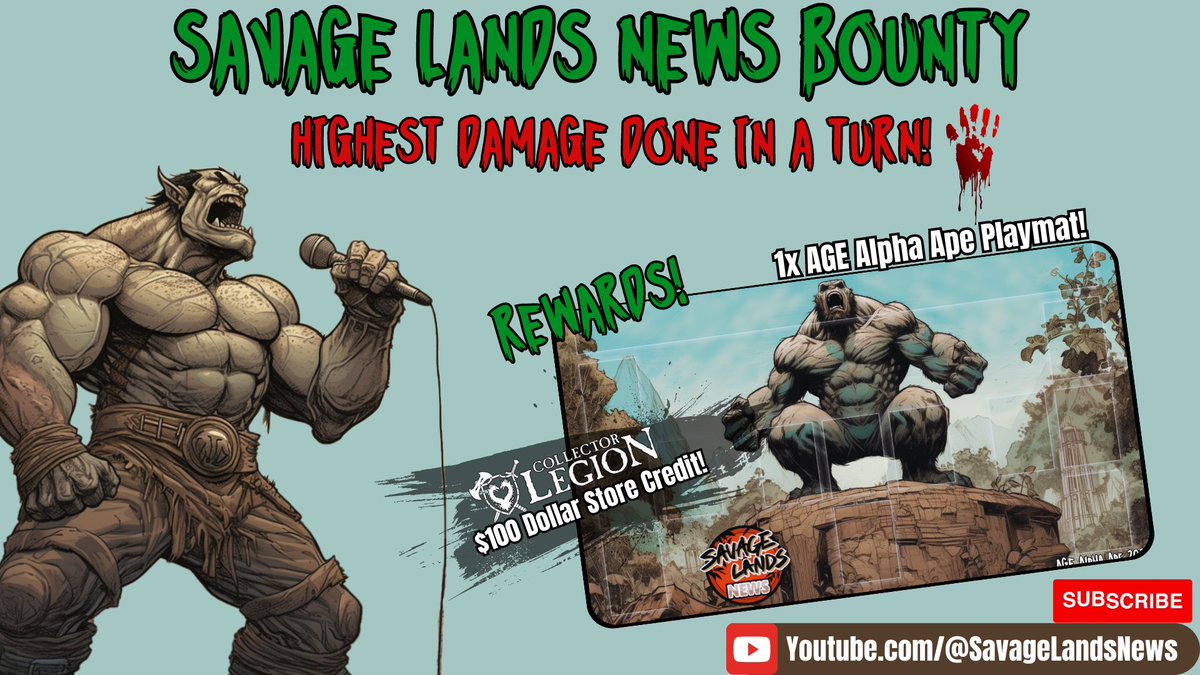 ArcaneEvents_'s tweet photo. We're happy to announce our sponsored bounty from @SavageLandsNews !Do the most damage in a single turn and earn yourself an awesome Alpha Ape Playmat and $100 @CollectorLegion Store Credit!
#ageopen #fabtcg https://t.co/Idmp2sVxZ5