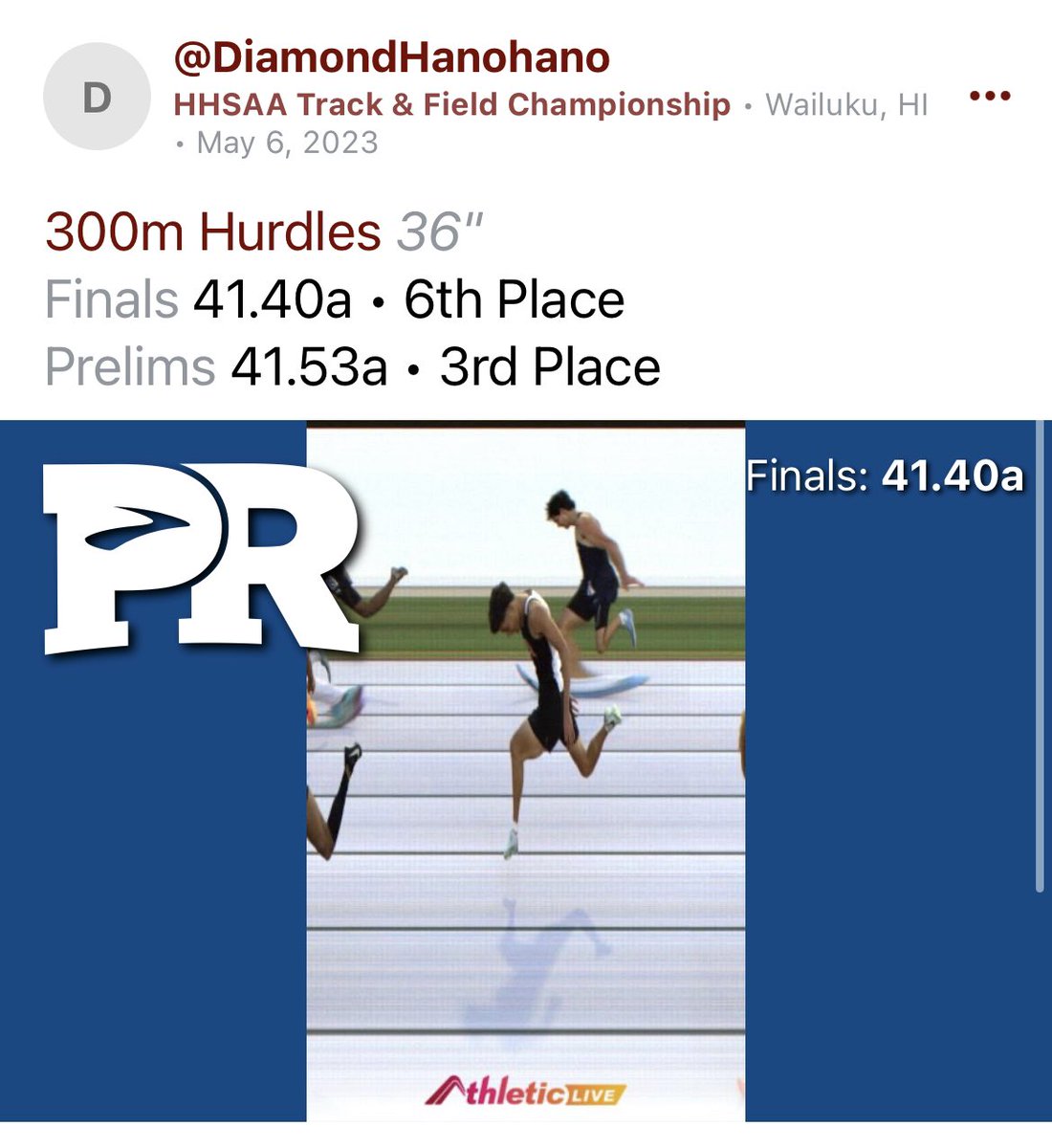 DiamondHhP's tweet photo. HHSAA TRACK AND FIELD CHAMPIONSHIP!!!!!

110mh finished 4th overall:15.37 PR 
300mh finished 6th overall:41.40 PR https://t.co/bQnwJgboq5