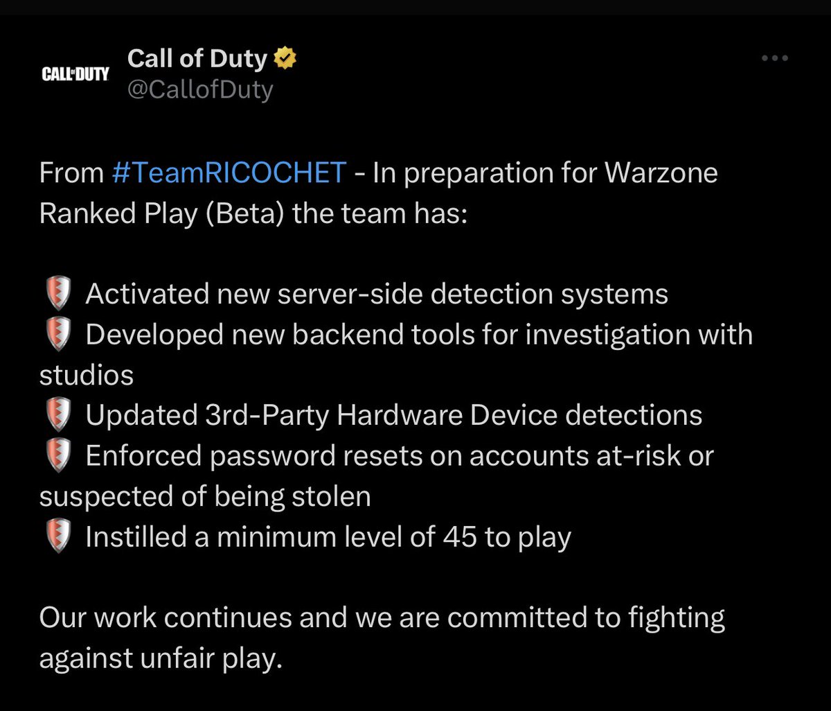 Latest update on Warzone anti-cheat. Ranked for Warzone requires players to be level 45 or higher to play.
