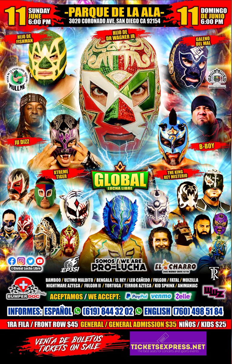 GlobalLucha's tweet image. ‼️TICKETS ON SALE / VENTA DE BOLETOS‼️
🔥Domingo 11 de junio 2023 6pm ⏰ 🔥
🔥Sunday June 11th 2023 6pm ⏰ 🔥

‼️TICKETS ON SALE / COMPRA TUS BOLETOS AQUÍ 👇👇👇👇👇‼️

ticketsexpress.net/GlobalLuchaLib…

📍Parque de la ala📍
🔹3020 coronado ave l, San Diego CA 92154
@XtremeTigerTJ