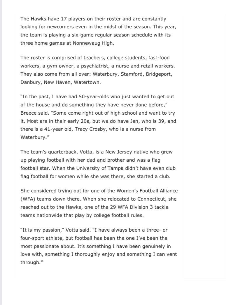 Thank you <a href="/RASports/">Rep-Am Sports</a> for promoting our team and Women’s Tackle Football! We appreciate all your support! <a href="/WFAfootball/">Women's Pro Football</a> #wfafootball #cthawks #soarhigh