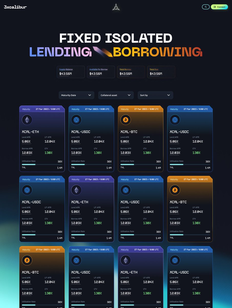 As we get closer to launch - some exploration on the UI/UX revamp of 3xcaliCredit Inspiration was taken from Ribbon Finance with the cards and overall we also took inspiration from 3xcaliSwap, Aave and Silo Finance. Not complete yet but what do you think so far?