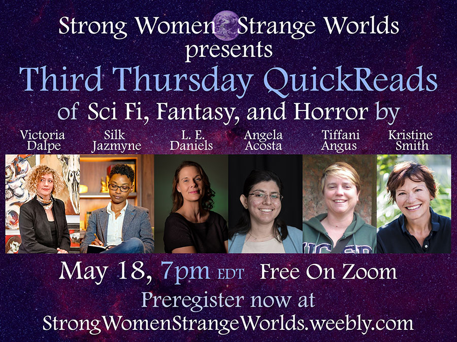 hey hey! doing an author reading next week, hope you can make it- @strangeworlds2, @_TerriBruce, @author_PCorrell, @LEDaniels, @VictoriaDalpe, @tiffaniangus, @KSmithSF, #authorreading, #clashbooks, #thirdthursday, #strongwomanstrangeworlds