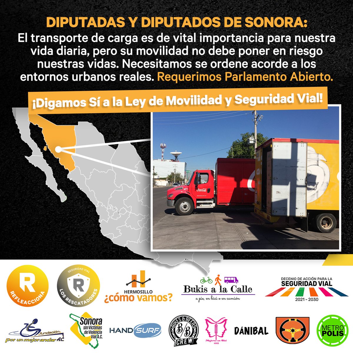 El transporte de carga es esencial para adquirir alimentos y artículos de nuestra vida diaria, sin embargo requerimos regular los tiempos, vialidades y dimensiones de las unidades para tener una #CargaOrdenada. 

#LeyMovilidadSonora
