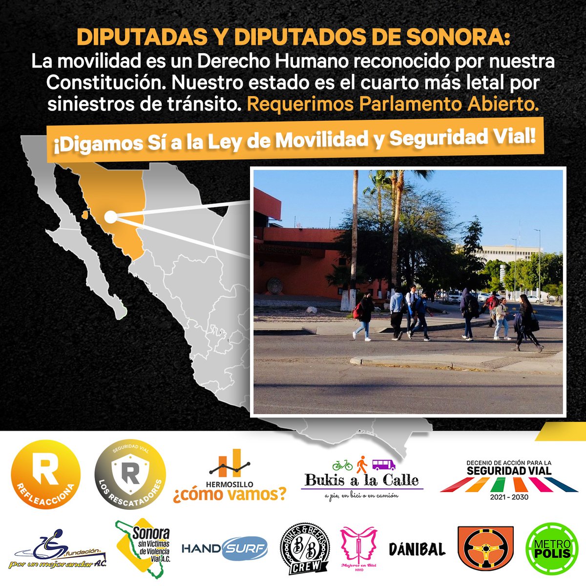 Cada año en Sonora mueren más de 50 personas atropelladas. Necesitamos crear una Ley de Movilidad y Seguridad Vial en Sonora para caminar con seguridad.

#SeguridadPeatonal #LeyMovilidadSonora