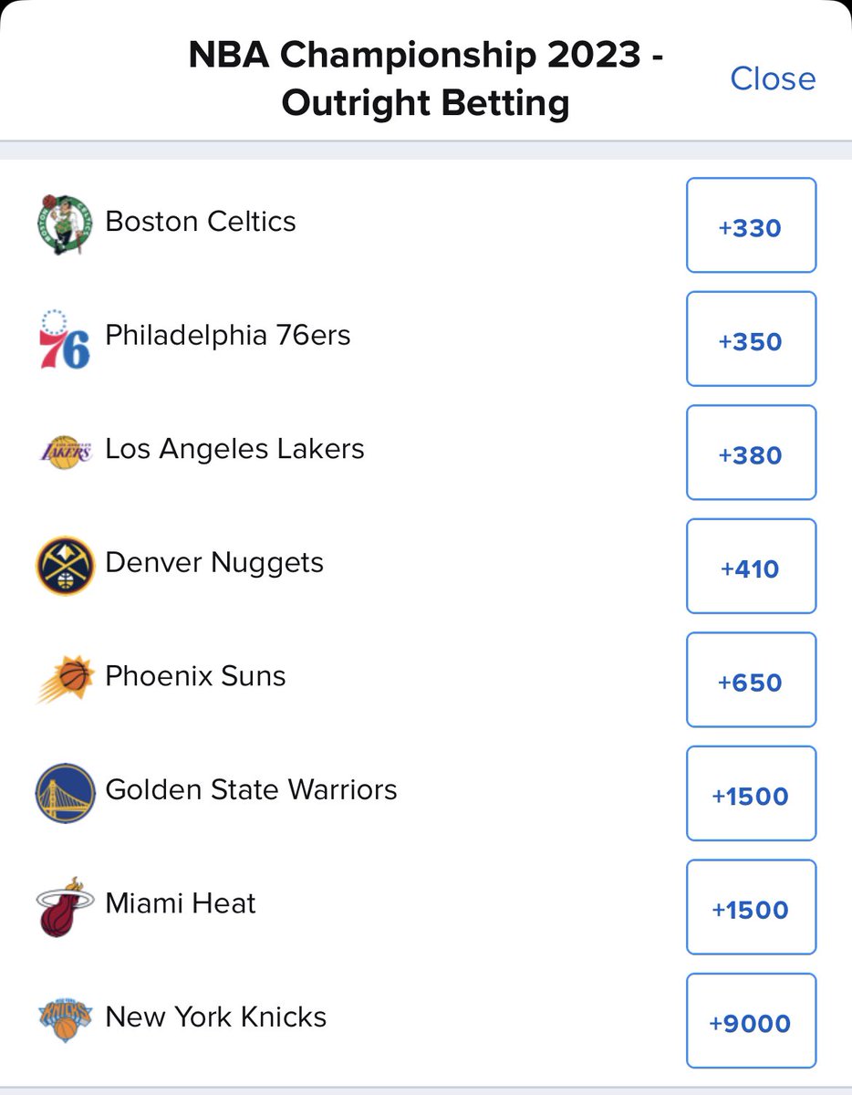 getnickwright's tweet photo. Less than 3 weeks til the Finals start and championship odds are as close as they possibly could be. I’ve truly never seen anything like this in the NBA. https://t.co/7nSHipe2Z1