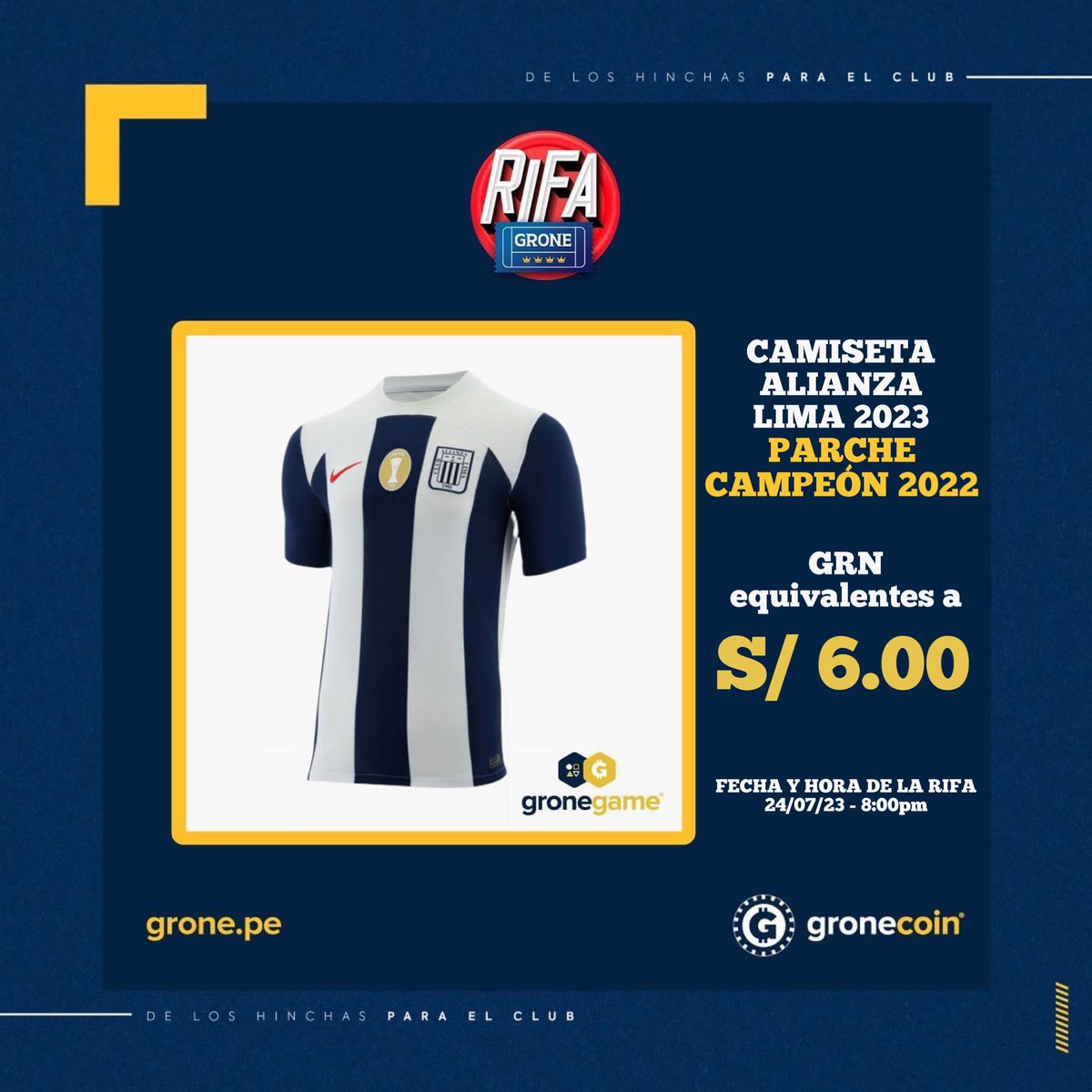 ¿Te quedaste con ganas de tener el cortaviento de <a href="/ClubALoficial/">Club Alianza Lima</a> o la camiseta con parche de “campeón 2022”?👀

Mira lo que te trae #RifaGrone🤩

Por COINS equivalentes a 7 y 6 soles pueden ser tuyas🔥

Compra:

<a href="/GroneCoin/">GRONE</a>👉🏼exchange.grone.pe

Rifas👉🏼 game.grone.pe/rifa
