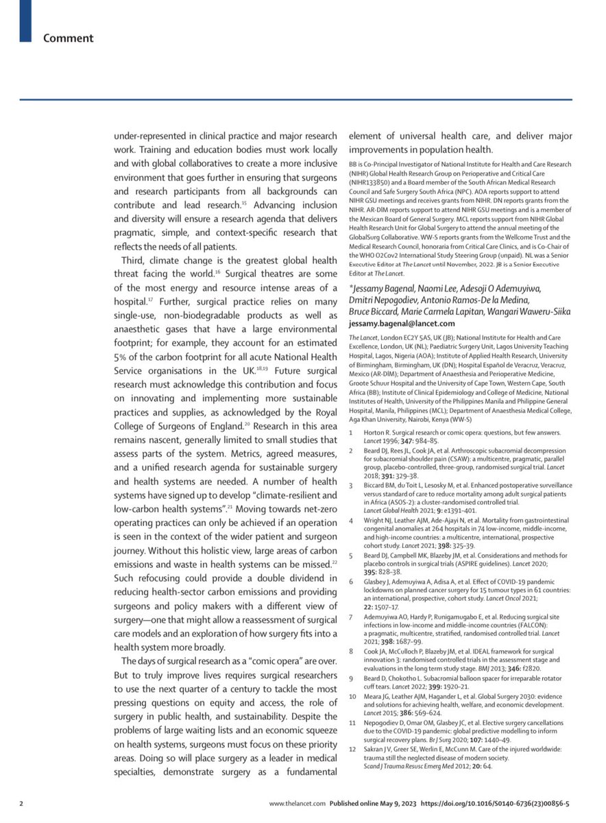 Our new editorial in <a href="/TheLancet/">The Lancet</a> takes on a 27-year-old critique of surgical research by <a href="/richardhorton1/">richard horton</a>. 

Spoiler alert: it's no longer a 'comic opera' #surgicalresearch #TheLancet #medicalprogress #GlobalSurgery 

Surgical research - comic opera no more.