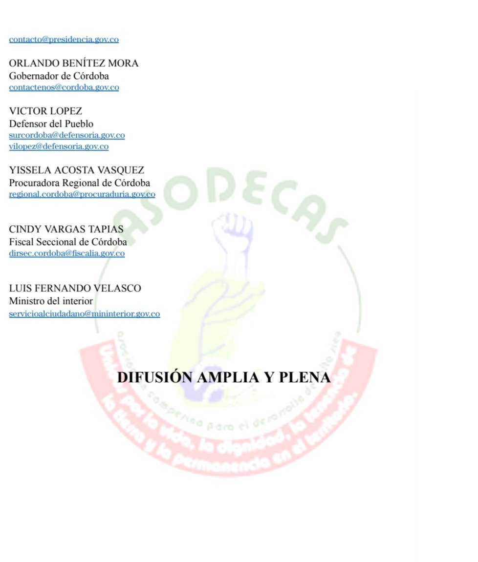 Compartimos ACCIÓN URGENTE- OFICIO 003-2023 09 de abril de 2023
S.O.S - A PUNTO DE SER ASESINADO.

Denuncia frente al intento de homicidio de nuestro representante legal Cervelión José Cogollo.