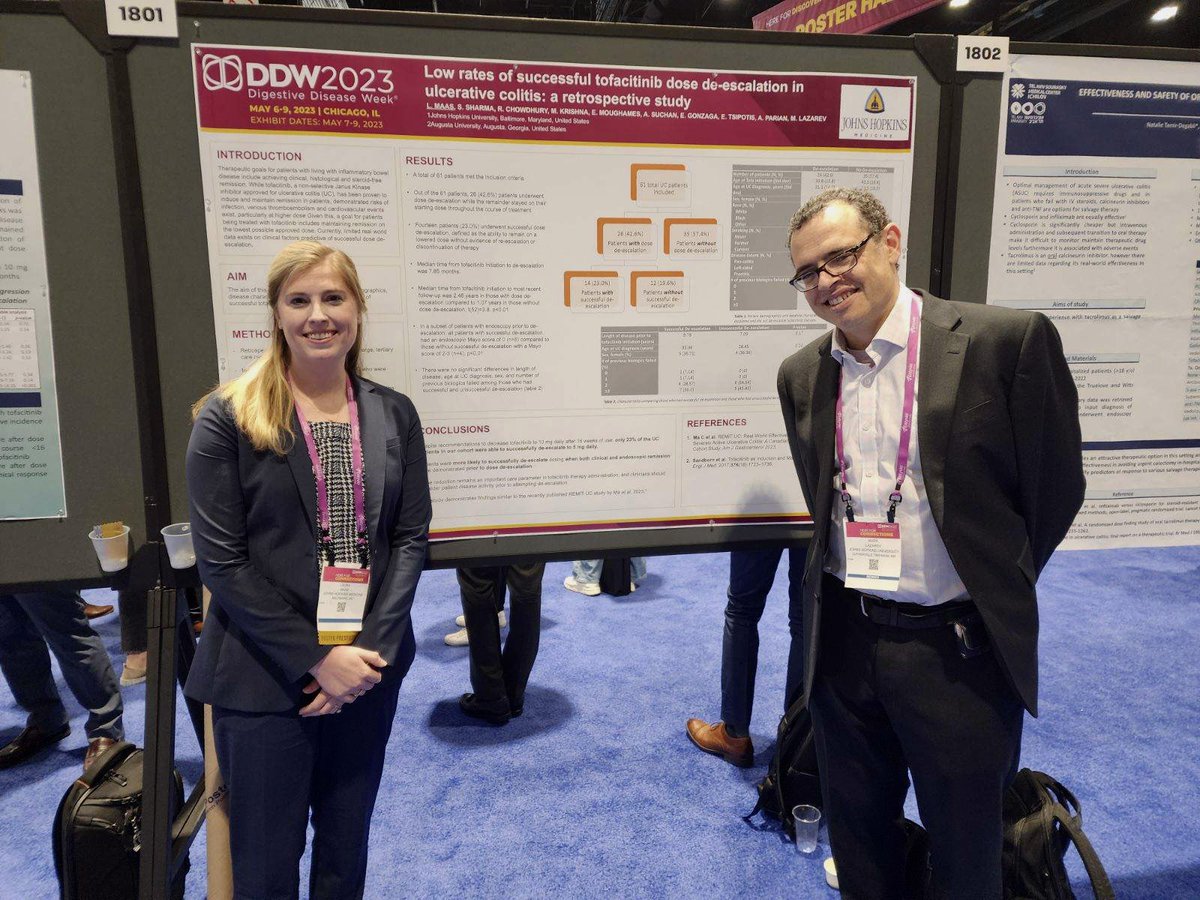 Thrilled to present our work at #DDW2023 demonstrating low rates of tofacitinib de-escalation in the real world. Grateful for the mentorship of @markhopkinsibd and hard work from the rest of the team! @SSharma___ @alyssaparian @ReezwanaCMD @EMoughames @ernrobalino