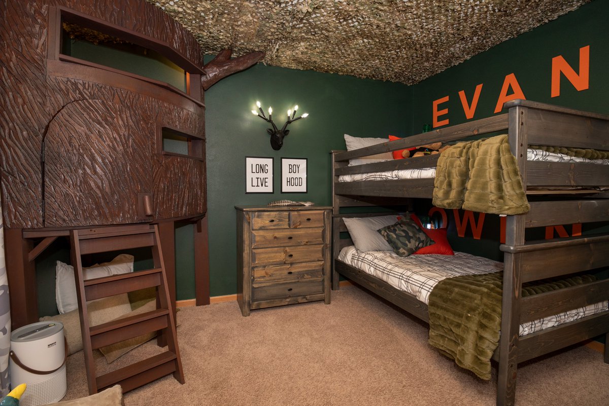 Evan was delighted to discover his hunting haven dream bedroom. #Thankyou  @BroanNuTone for sponsoring this makeover + sending a top notch volunteer  team to help #SpecialSpaces #Wisconsin provide this special space for, image size:1200x801