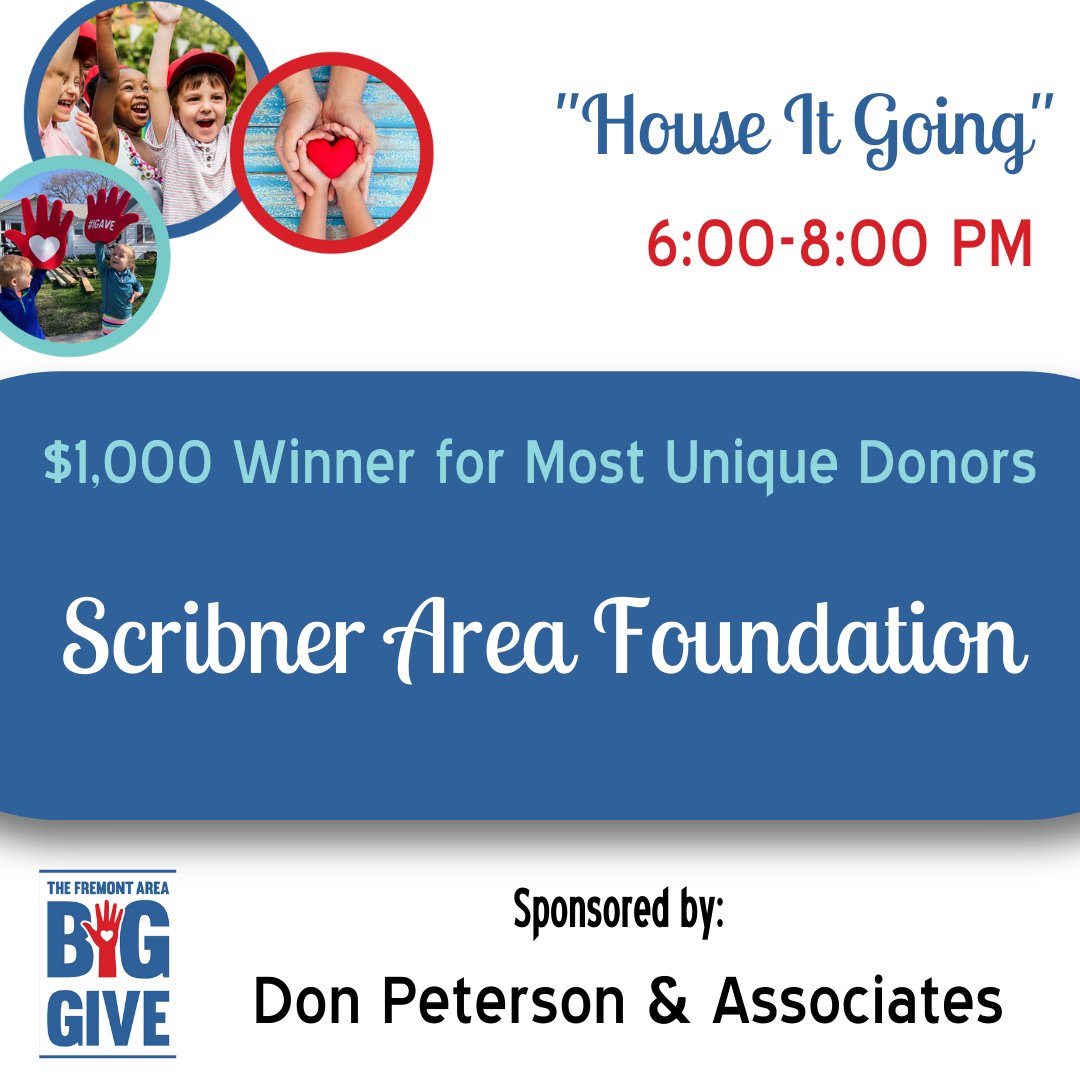 facfoundation's tweet photo. We're in the home stretch and our friends at Don Peterson &amp; Associates want to know "House it going?" Scribner Area Foundation is doing pretty good, they won Most Unique Donors from 6-8 PM! https://t.co/tlw5nX1OLM