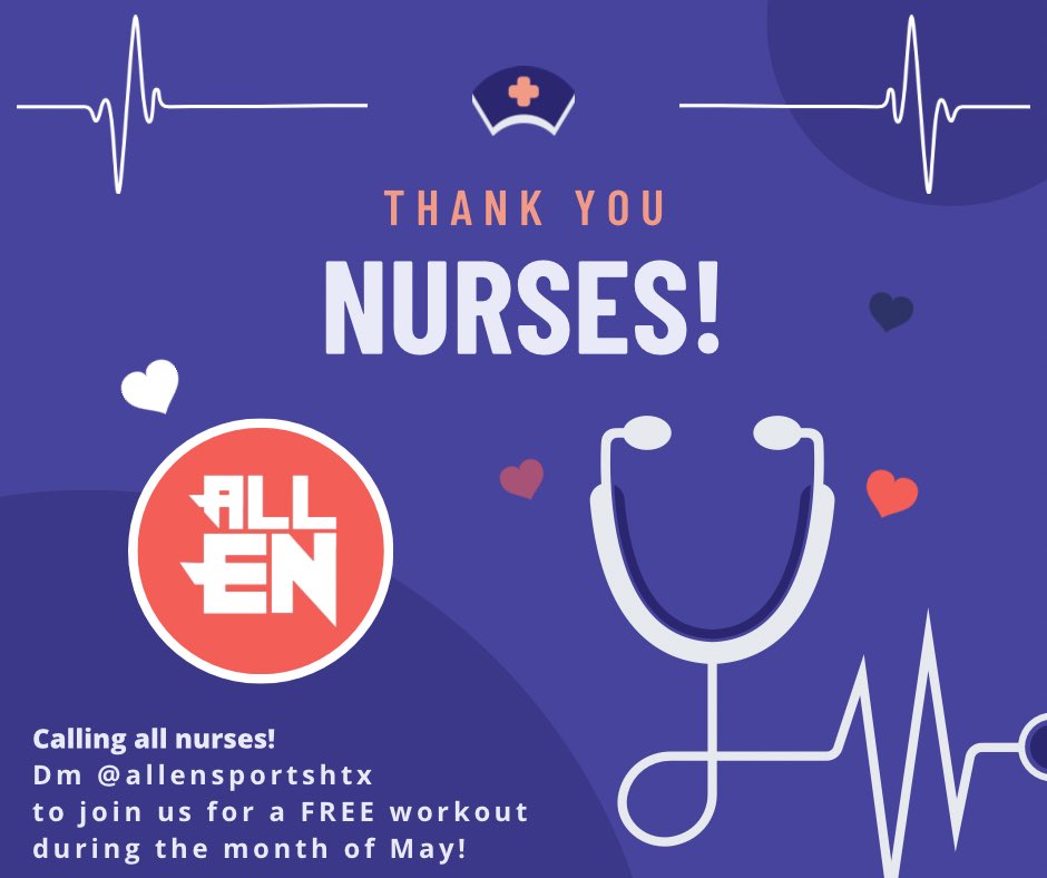 justinallen_13's tweet photo. This week we celebrate all our nurses π©π½ββοΈππ©Ίπ₯Όπ¨πΎββοΈ! Thank you for all that you do! As a token of our appreciation, we invite you to join us for a free workout during the month of May! #WeALLEN #Houston #HoustonNurses #nurse #nureses #houstongym #nurseappreciation https://t.co/fA8ev5MOe6