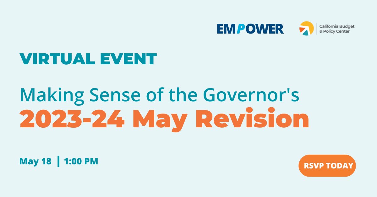CalBudgetCenter's tweet photo. 🗓️ Save the date + register early! 

Join us for our upcoming #EmpowerCA event — Making Sense of the Governor’s May Revision — happening on 5/18. 

⚡️ Register here: https://t.co/CQcVmdmFWO https://t.co/QalDDFiUlT