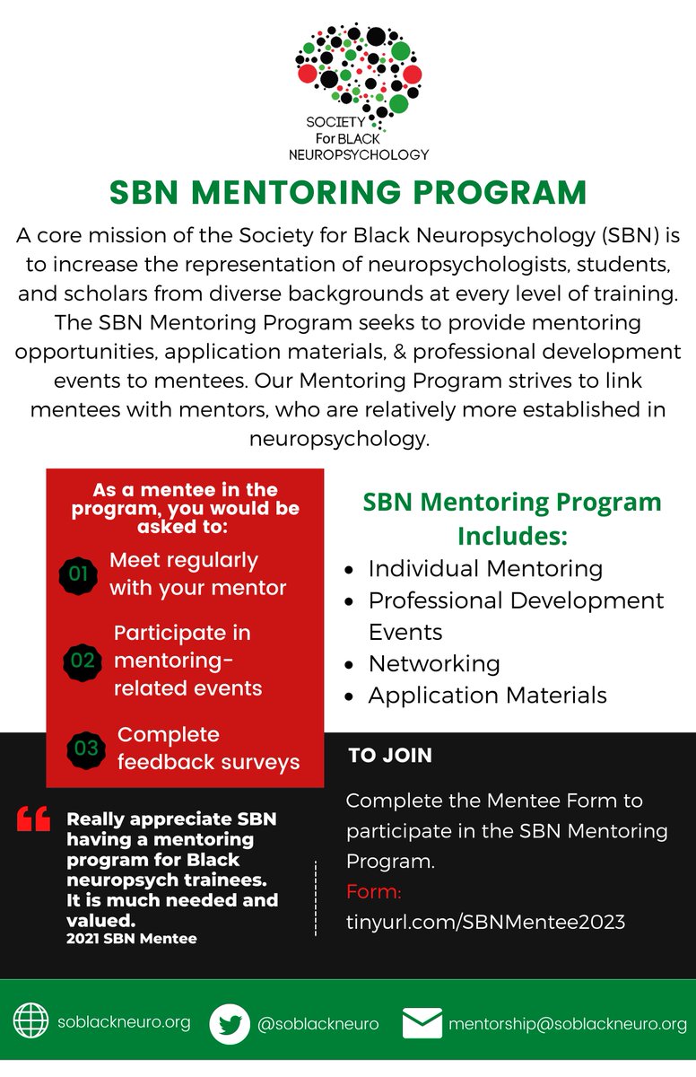 🚨 Attention Black aspiring neuropsychologists 🚨 Are you planning to apply to doctoral programs / #APPIC internships / postdocs / jobs in clinical neuropsychology? Looking for help with career goals or navigating training issues? Join the @SoBlackNeuro Mentoring Program! 🙌🏿