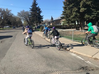 This morning we had about 16 riders from grade 2 to 8 ride along.  Community bike donations are getting more kids riding to school.  Cyclists are welcome to stop by College Park School commuter station during Bike to Work Day on the 18th. #BYXE #activetransport