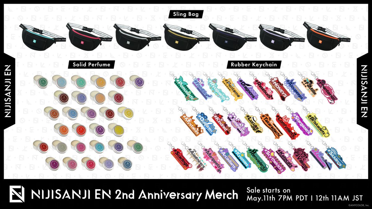 【🎊 #NIJISANJI_EN 2nd Anniversary announcement】

It's the 2nd year of NIJISANJI EN!!🥳
Ready to grab special merch of your "Oshi"?
🕚Sale starts on May 11 (Thu), 19:00 PDT!
⏰Made-to-order merch available until May 31 (Wed)!

🔻Details:
anycolor.co.jp/en/news/1y1ts8…

🔻Store:
