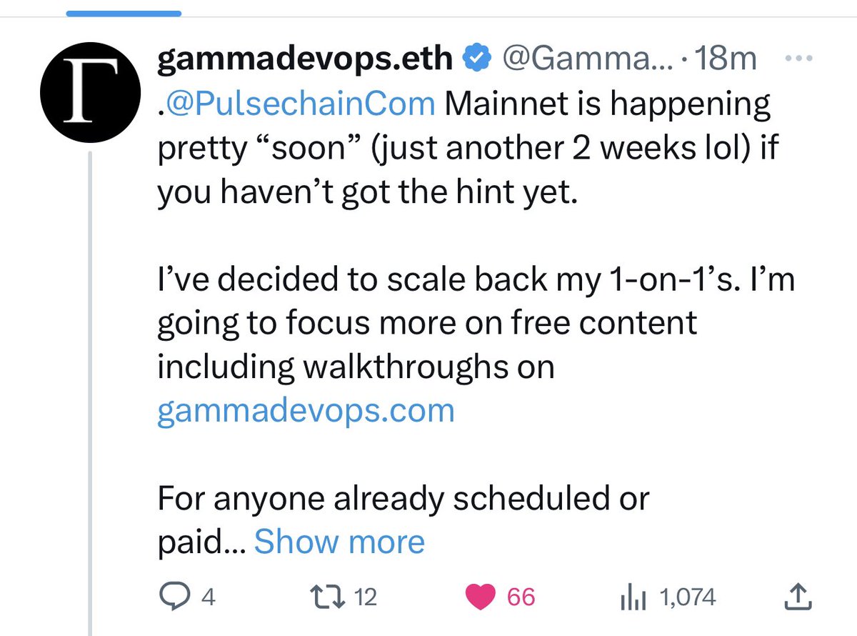 TheCryptoMando's tweet photo. Mando when do you think Pulse will go live? Im getting this in my DMโs like crazy. Here is my answer.
Based on @bretep last activity & @GammaDevOps last tweet I think we see main net by Saturday. If you want copies of Hex or anything else Iโd grab it now! โ ๏ธ*Never Adviceโโ ๏ธ https://t.co/IQgq0cufXq