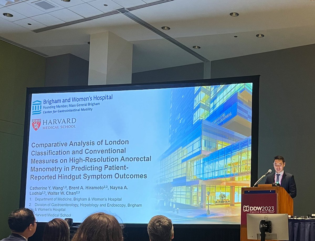 Amazing job by @b_hiramoto in pulling double duty & presenting our 2️⃣ studies at the AGA Anorectal Dysmotility session at #DDW2023 on (1) fecal #incontinence in obesity, & (2) clinical outcomes of London classification vs conventional anorectal #manometry measures #BWHMotility