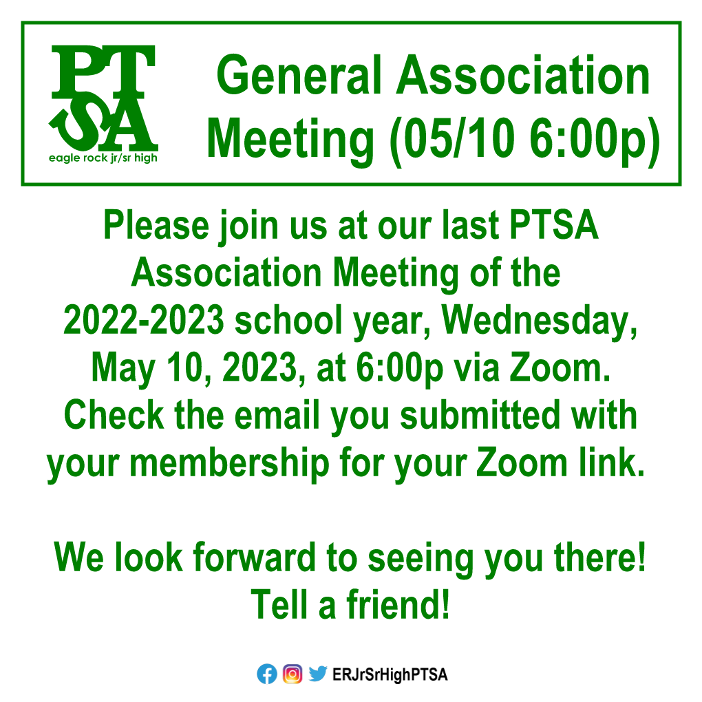 Please join us at our last PTSA Association Meeting of the year, Wed, 5/10 at 6:00p via Zoom. Check the email you submitted with your membership for your Zoom link. We look forward to seeing you there!
#TenthDistrictPTSA #HighlandsCouncil #NELASchoolsRock #PTA4Kids #PTAProud