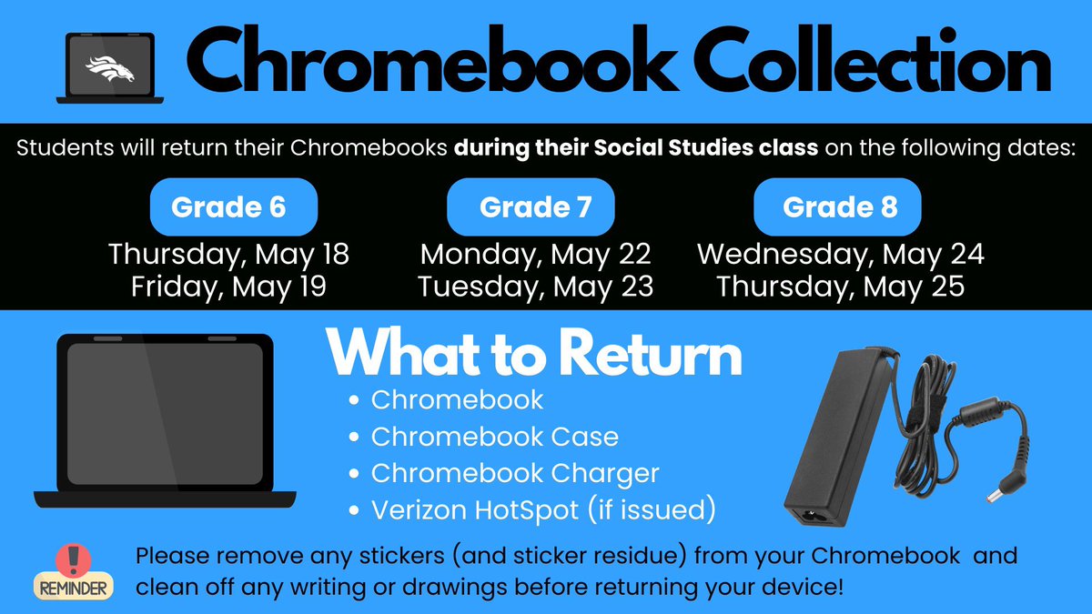 Charger Chromebook Collection 💻 
🔹6th Grade (5/18 &amp; 5/19)
🔹7th Grade (5/22 &amp; 5/23)
🔹8th Grade (5/24 &amp; 5/25)