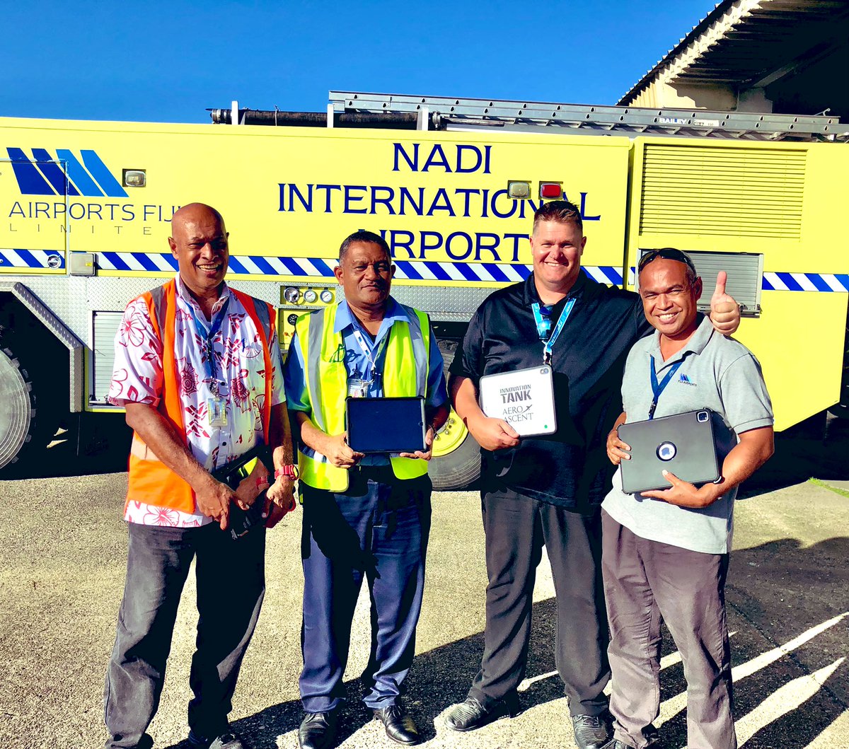 NadiAirport's tweet photo. Ahead of the game &amp; keeping up with cutting edge tech in airport operations! #FijiAirports’ #ARFFS 🚒✈️is the first in the 🌎 to partner with @Innovation_Tank 🖐 Vinaka Lance Orsmond (AeroAscent Founder &amp; Exec Director) for the in-house training!
@BillGavoka @MTCAFiji #AeroAscent https://t.co/dspLAfBkFB