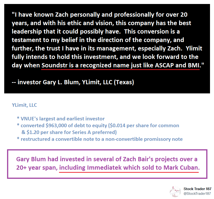 $VNUE 🎵 "We look forward to the day when Soundstr is a recognized name just like ASCAP and BMI", said investor Gary Blum, who had invested in several of Zach Bair's projects over a 20+ year span, including Immediatek which sold to Mark Cuban.