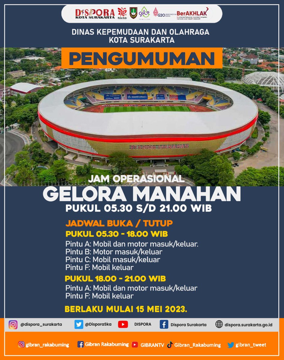 gibran_tweet's tweet photo. Kini aktivitas olahraga di Stadion Manahan, tak hanya bisa di pagi hingga sore hari, namun sampai pukul 21.00 WIB. Simak jam operasionalnya, ya! https://t.co/mBHdIVkgEo