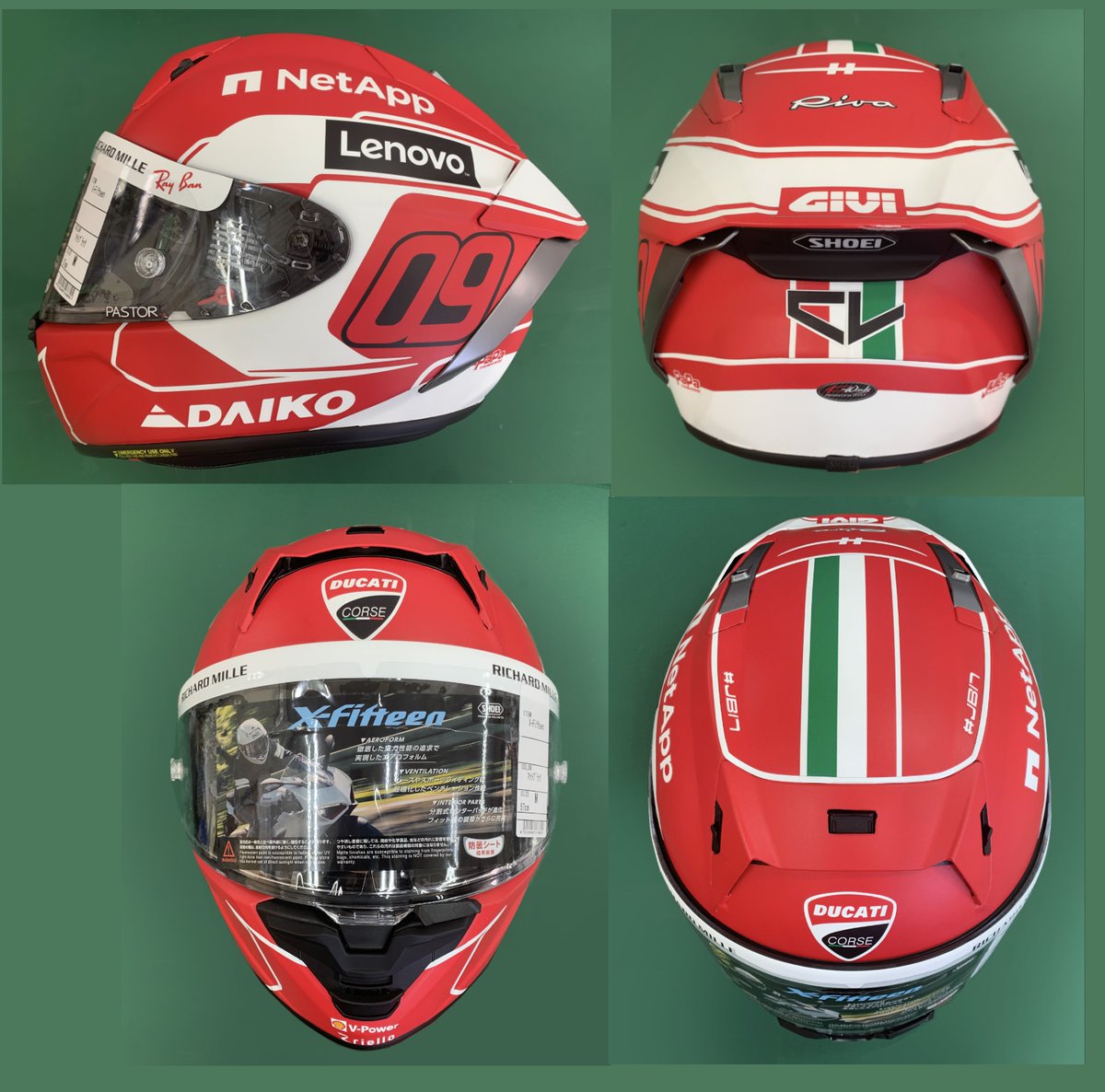 Echigogumi's tweet photo. 黒艶消しのバイクヘルメットが
フェラーリカラーのルクレール仕様
改めドカティ仕様
塗装ではありません全てラッピングにて施工してます。
お客様提案でのオーダーメイドです。
四輪のヘルメットとは形が違うのでバランスが大変でした
#ヘルメット
＃ラッピング
＃ルクレール
＃フェラーリ
＃ドカティ https://t.co/ODkw6BrRFa
