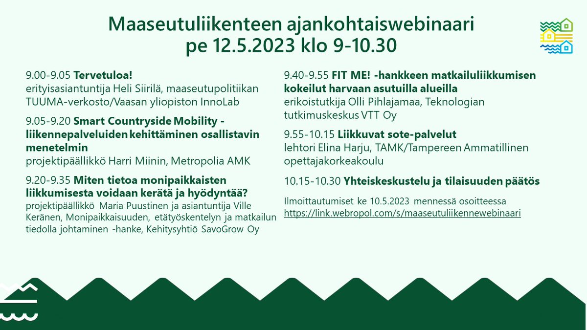Vielä tänään ehdit ilmoittautua mukaan pe 12.5 klo 9 alkavaan Maaseutuliikenteen ajankohtaiswebinaariin ! Käsittelyssä mm. matkailuliikenne, liikkuvat sote-palvelut, monipaikkaisuuden liikenne sekä osallistava liikennepalveluiden suunnittelu. Tervetuloa! maaseutupolitiikka.fi/tapahtumat/maa…