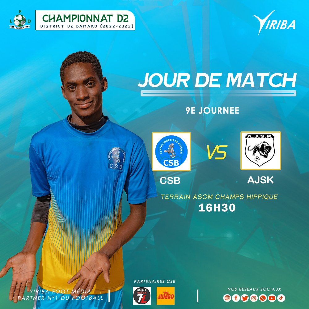 Yiribafoot's tweet photo. Championnat D2 du District Bamako (2022-2023)
#Jour_de_Match
⚔️ CSB 🆚️ AJSK
📆 10/05/2023
🏟 Terrain ASOM Champs Hippique
⏰️ 16H30 GMT
Media Partner N°1 du Football https://t.co/fSqKEdXK8h
