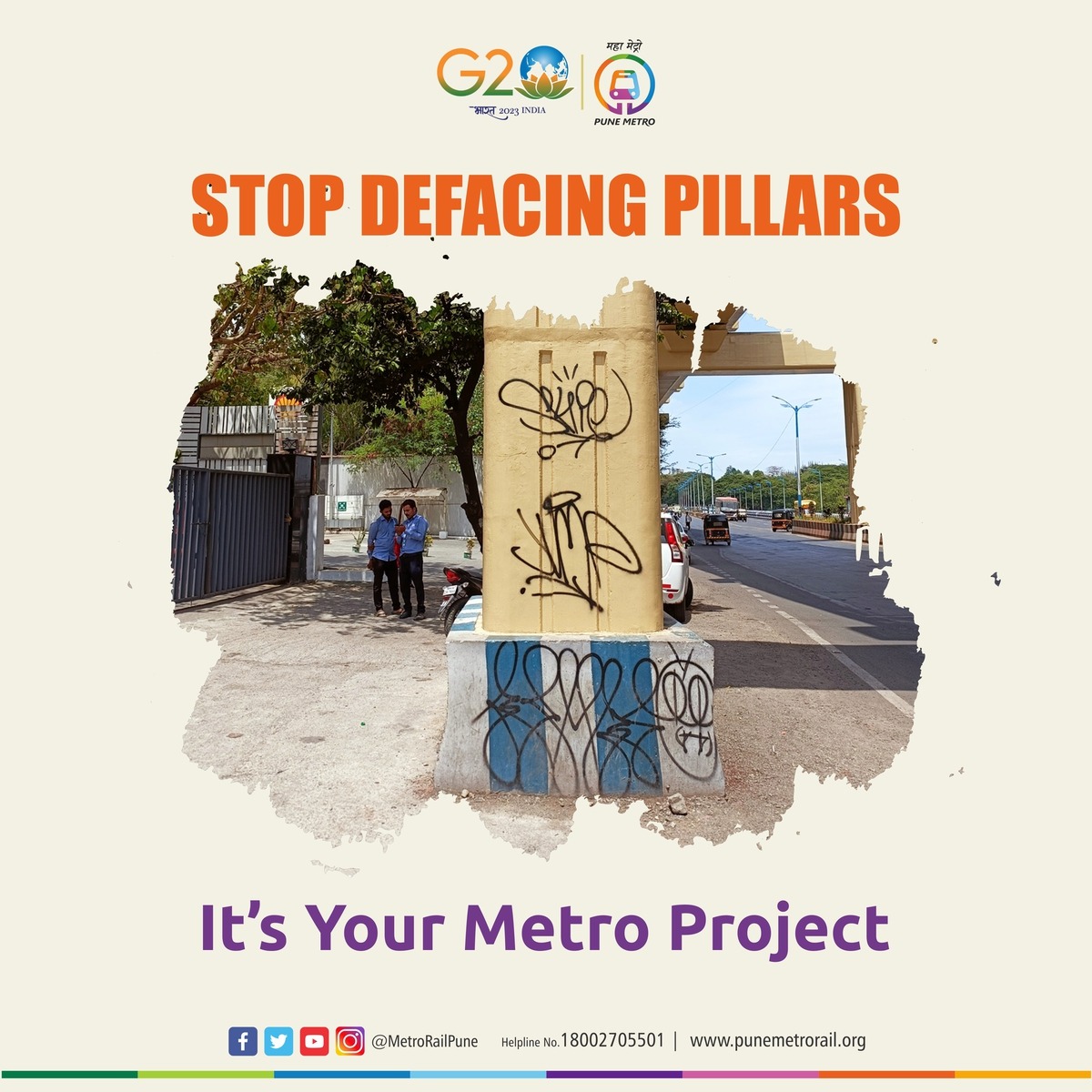 metrorailpune's tweet photo. Pune Metro is your property, Don't deface it
#पुणेमेट्रो ही तुमची मालमत्ता आहे, तिचे विद्रुपीकरण करू नका!
#DoNotSpitting #spraypainting #DoNotStickPosters #punemetro https://t.co/ON5H8RlTLt