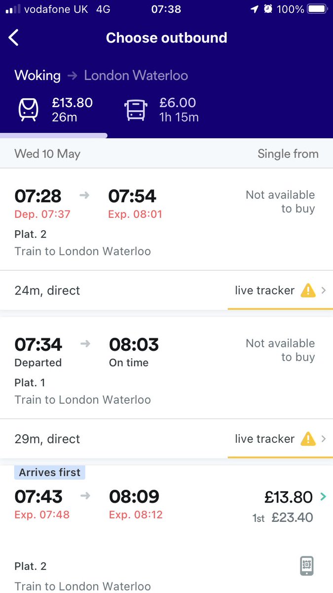 AcreCEO's tweet photo. @SW_Help - can you explain why the 7.34 Woking to Waterloo left EARLY today at 7.32? And yet the app says it left on time. I was just arriving at the station, missed the train, station staff were very confused. Now on a standing only DELAYED 7.28, with a 1st class ticket. https://t.co/JY6MaX6IbK