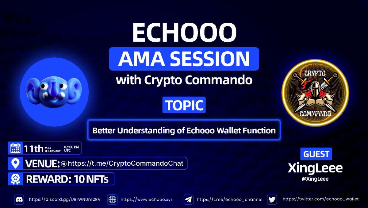 Crypto Commando || AMA + Space (@cryptocommandoc) on Twitter photo 📢 Commando will host #Text #AMA with Echooo Wellat.
🗓 Date: 11th May,2023
⏰Time: 2:00 PM UTC
🎁 Reward: 10 NFTs
🏠 Venue: t.me/CryptoCommando…
Rules:
1️⃣. Follow: <a href="/CryptoCommandoC/">Crypto Commando || AMA + Space</a> & <a href="/echooo_wallet/">ECHOOO- Self Custodial AA Crypto Wallet</a>
2️⃣. Like, Retweet, Tag 3 Friends & send your best question guys 🚀 📢 Commando will host #Text #AMA with Echooo Wellat.
🗓 Date: 11th May,2023
⏰Time: 2:00 PM UTC
🎁 Reward: 10 NFTs
🏠 Venue: t.me/CryptoCommando…
Rules:
1️⃣. Follow: <a href="/CryptoCommandoC/">Crypto Commando || AMA + Space</a> & <a href="/echooo_wallet/">ECHOOO- Self Custodial AA Crypto Wallet</a>
2️⃣. Like, Retweet, Tag 3 Friends & send your best question guys 🚀