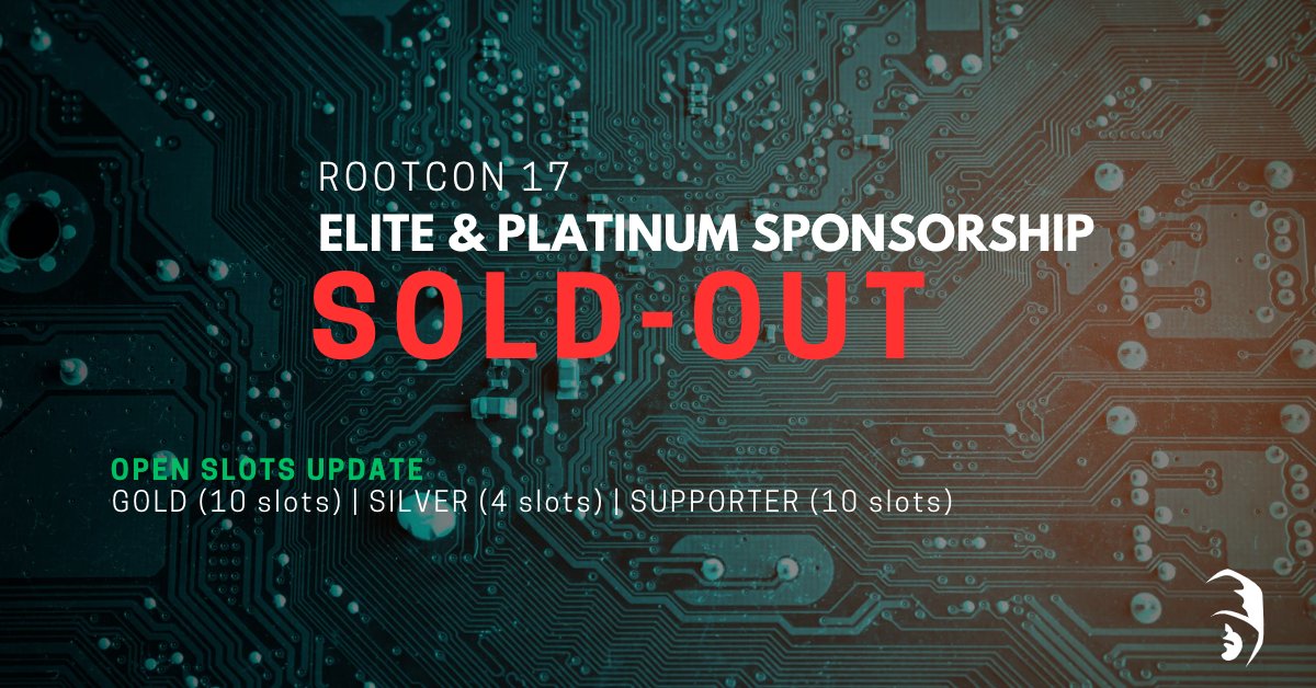 rootconorg's tweet photo. Sponsorship Slot Update!
#rootcon17 #roadtorc17 #sponsors https://t.co/mMwbeEoJoM