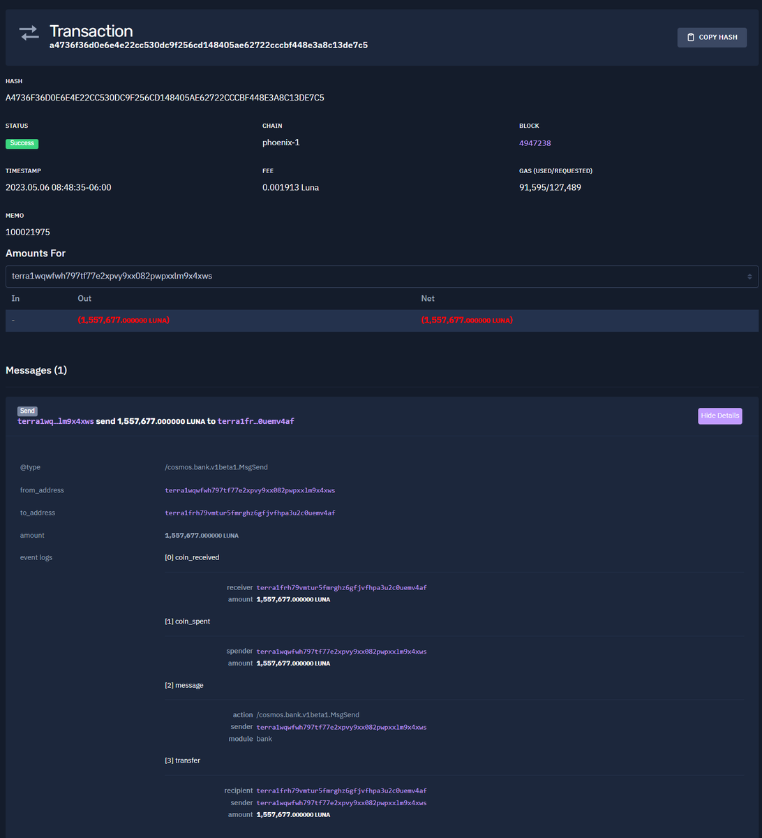 RayRaspberry1's tweet photo. Two wallets attributed to @stablekwon are active again:

On May 6th 2023 terra1wqwfwh797tf77e2xpvy9xx082pwpxxlm9x4xws
claimed staking/vesting rewards and sent all of the 1.55 Million $LUNA to Binance 

https://t.co/DrwuOAySh0 https://t.co/oIoK2XSsFA