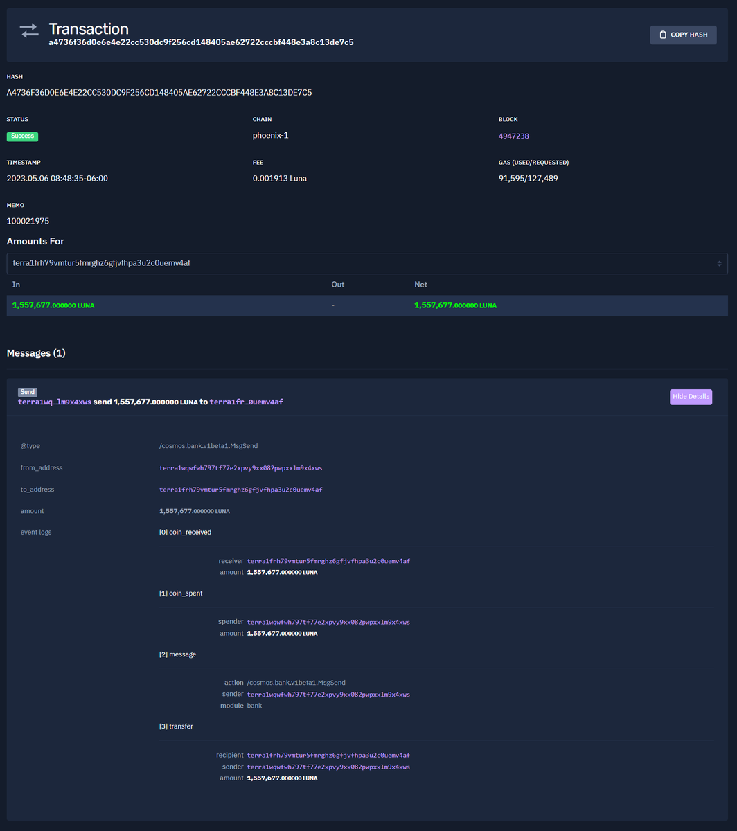 RayRaspberry1's tweet photo. Two wallets attributed to @stablekwon are active again:

On May 6th 2023 terra1wqwfwh797tf77e2xpvy9xx082pwpxxlm9x4xws
claimed staking/vesting rewards and sent all of the 1.55 Million $LUNA to Binance 

https://t.co/DrwuOAySh0 https://t.co/oIoK2XSsFA