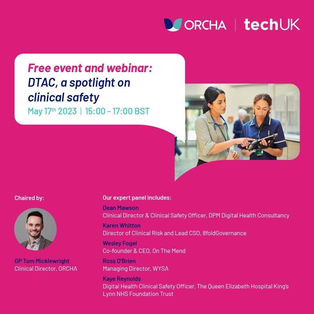cflashman's tweet photo. OrchaHealth: Want to understand the Clinical Safety requirements within the NHS Digital Health Technology Assessment Criteria (DTAC)? Ask a panel of experts your #DigitalHealthQs at our in-person and on-line event kindly hosted by @techuk.org. Register n… https://t.co/5s0BpDq2Po