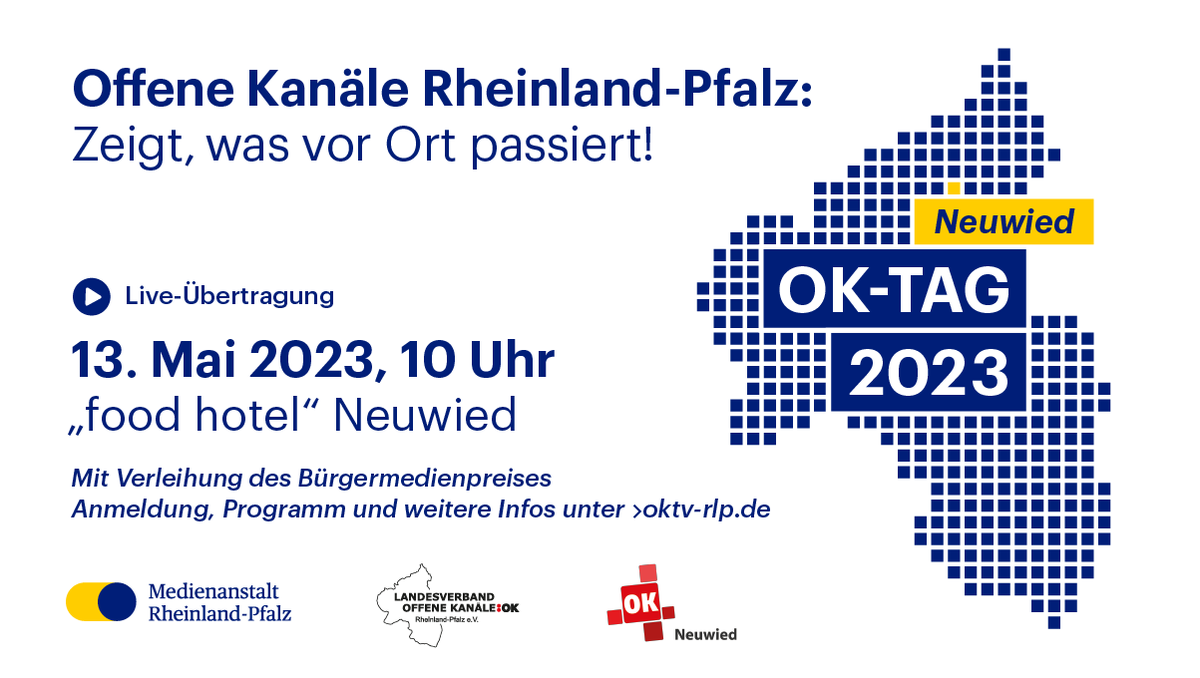 In 3 Tagen ist es soweit: Der OK-Tag 2023 inkl. Verleihung des #Bürgermedienpreises finden statt 🙌 Unter dem Motto 'Zeigt, was vor Ort passiert!' kommen die Ehrenamtlichen der Offenen Kanäle in #RLP zum großen Netzwerktreffen in Neuwied zusammen 📺 👉youtube.com/watch?v=LWpauv…