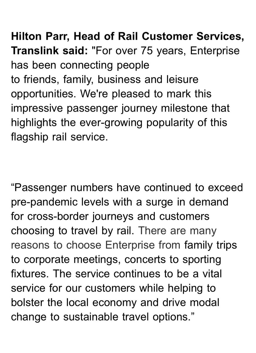AmandaFBelfast's tweet photo. The Enterprise🚆train service is marking over 1 million passenger journeys made on the cross-border service between #Belfast and #Dublin in 2022/23 - which @Translink_NI says is the highest level in 20 years. https://t.co/kepKF8fHX8