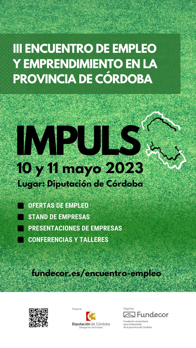 👨‍💼👷🧑‍🏭 III ENCUENTRO DE EMPLEO Y EMPRENDIMIENTO DE LA PROVINCIA DE CORDOBA IMPULSO 2023

🗓️10 y 11 de mayo de 2023 
📍Patio Blanco de la Diputación de Córdoba

ℹ️ Más info 
fundecor.es/encuentro-empl…

#AyuntamientoElCarpio #AltoGuadalquivir #ElCarpio #diputaciondecordoba #Empleo