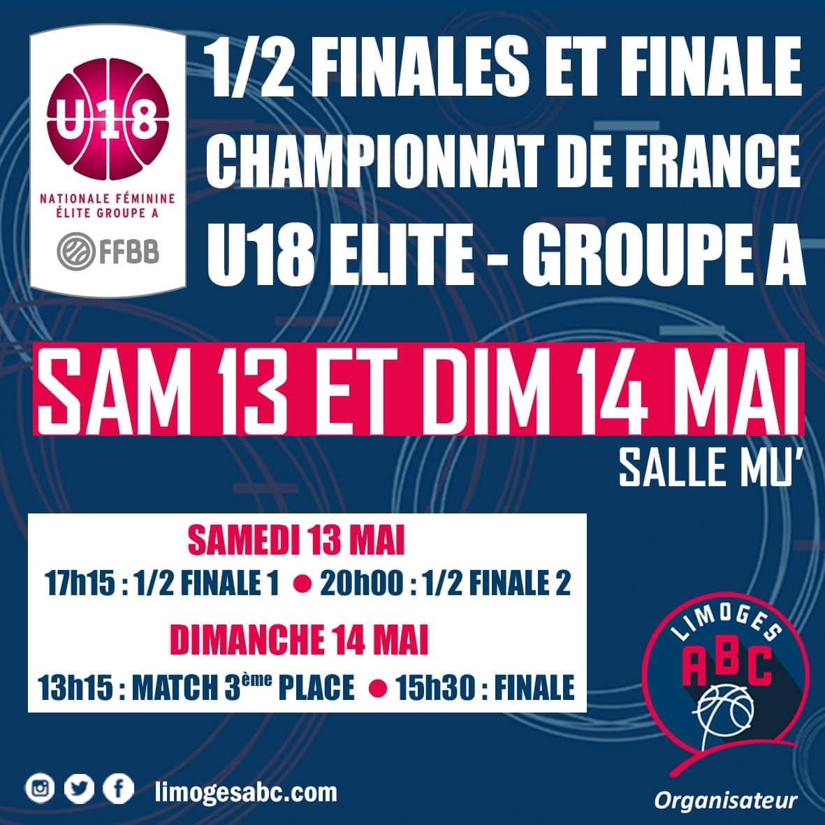 #U18Elite  🏀 1/2 FINALES ET FINALES DU CHAMPIONNAT DE FRANCE - GROUPE A 🏀 Quatre très beaux matchs ce week-end Salle Mu’ et un titre de Championnes de France à la clé. 
Entrée gratuite. Buvette et petite restauration. ▶️ limogesabc.com