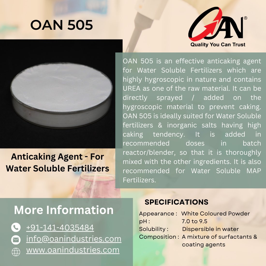 oanindustries's tweet photo. OAN 505 - Anticaking Agent For Water Soluble Fertilizers
#anticakingagent #anticakingwsf #wsfadditive #fertilizeradditive #additives #fertilizers #oanindustries https://t.co/anfD6nPa3o