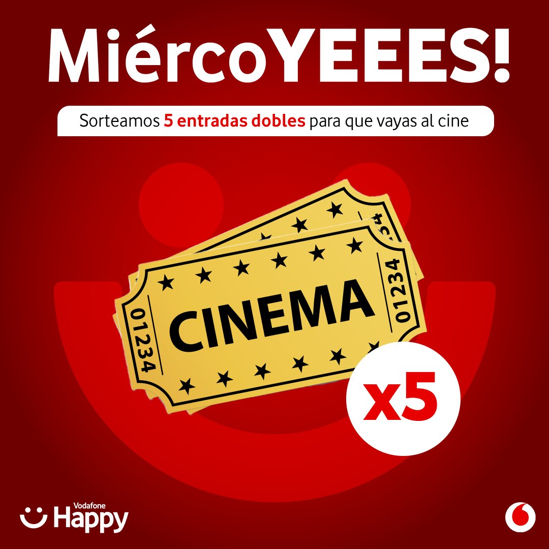🎞️🎞️🎞️ SORTEO 🎞️🎞️🎞️

Ven al cine con #MiércoYES 

👉 Sigue a <a href="/vodafone_es/">Vodafone España</a>
🔁 Haz RT a este tuit
⏱️ ¡Corre! Participa hoy antes de las 13.59