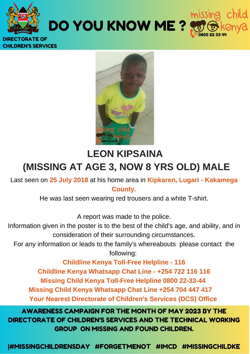 ChildServicesKE's tweet photo. Leon was 3yrs old when he went missing on 25th July 2018 from Kipkaren, Lugari in Kakamega County. #HelpBringThemHome 
#forgetmenot
#internationalmissingchildrenday
#IMCDKenya
#IMCD https://t.co/TF3cwmAMAl