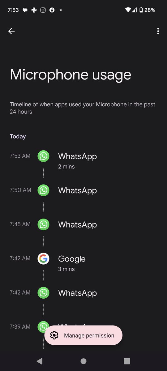 Darieljavier's tweet photo. @foaddabiri I just found out this tweet, I took these screenshots on April 13th, but guess it was a bug somehow. The funny thing is that I realized because the little green mic usage dot after I woke up. I dont think its a android panel, since the little dot is activated when the mic is on. https://t.co/k6Tr4IuZ5e